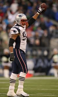 Defensive lineman Richard Seymour #93 of the New England Patriots celebrates after recovering a fumble in the final two minutes of play against the Seattle Seahawks on December 7, 2008 at Qwest Field in Seattle, Washington. - Getty Images