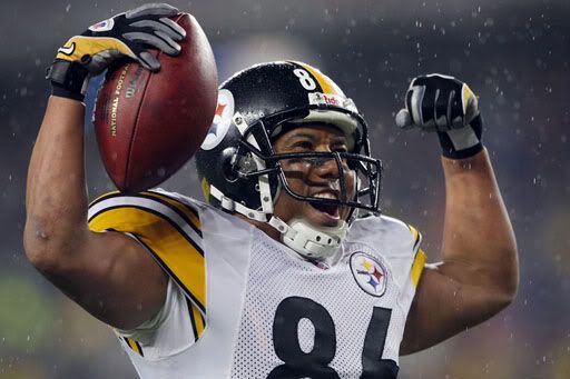 Hines Ward #86 of the Pittsburgh Steelers celebrates his touchdown in the third quarter against the New England Patriots.  getty photo.