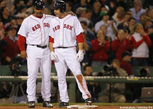 Jeff Bailey talks with DeMarlo Hale after his triple in the 8th inning.