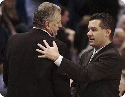 Jim Calhoun & Tom Moore exchange pleastries - AP Photo