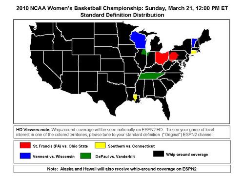 ESPN2 NCAA Women's Coverage Map for 12 PM games on 3/21