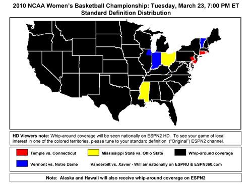 ESPN2 NCAA Women's Tournament Coverage Map for 3/23 7 PM games