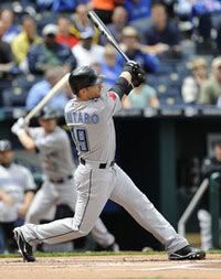 Marco Scutaro #19 of the Toronto Blue Jays connects for a first-inning home run off Kyle Davies of the Kansas City Royals on April 30, 2009 at Kauffman Stadium in Kansas City, Missouri - Getty Images