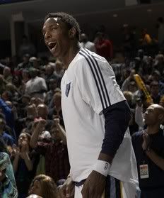 Memphis Grizzlies center Hasheem Thabeet, of Tanzania, celebrates as the Grizzlies beat the Spurs during the second half of NBA basketball action in Memphis, Tennessee January 16, 2010. The Grizzlies defeated the Spurs 92-86 - Reuters Pictures