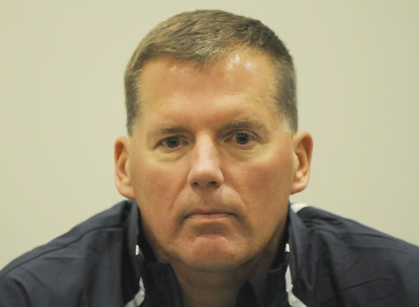 UConn football coach Randy Edsall has a blank stare at the start of a press conference on Sunday afternoon at the Burton Family Football Center on the Storrs campus. Edsall spoke about slain UConn player Jasper Howard and his girlfriend were both eagerly expecting a baby. Howard was stabbed to death early this morning on the Storrs campus outside the student union - Patrick Raycroft/Hartford Courant