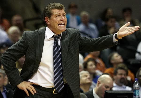UConn coach Geno Auriemma voices his displeasure with an official's call during the first half of the Huskies' game against Texas on Tuesday night in San Antonio - AP Photo
