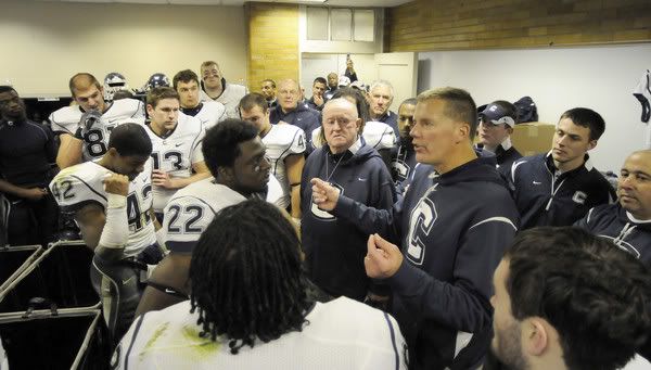 UConn head coach Randy Edsall congratulates his team after a 33-30 double overtime victory over Notre Dame Saturday evening in South Bend. Edsall praised his players for not giving up against "a very good football team" and wining this one for No. 6, Jasper Howard, who was stabbed to death in a fight last month. An emotional Edsall talked about Howard in a network television interview moments after the Huskies' victory - John Woike/Hartford Courant