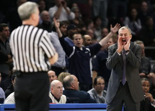 UConn coach Jim Calhoun yells at the official after being charged with a technical foul during the first half of the Huskies' game against Duke Friday at Madison Square Garden - Julie Jacobson/AP