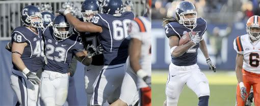 Jordan Todman and Andre Dixon combined for 196 yards and 4 touchdowns in UConn's win over Syracuse - TIA ANN CHAPMAN / HARTFORD COURANT