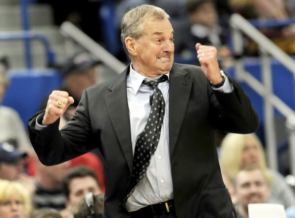 UConn head coach Jim Calhoun went into a tirade late in the game when Notre Dame's high scorer, Luke Harangody, scored yet again. UConn was ahead by 11 points at the time, but Calhoun was not pleased with the defensive play of his team. Harangody had a game-high 31 pts - Stephen Dunn/Hartford Courant