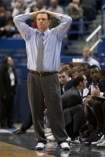 UConn associate head coach George Blaney reacts during the closing minutes of their 70-68 loss to Marquette at the XL Center in Hartford on Saturday, Jan. 30, 2010 - AP Photo