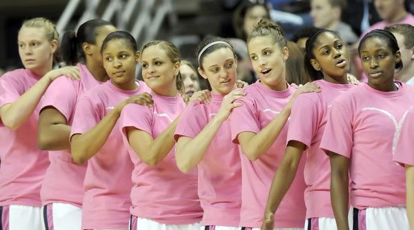 The UConn women's basketball team wore pink shirts Saturday to raise awareness about breast cancer, part of a national program (Stephen Dunn/Hartford Courant)