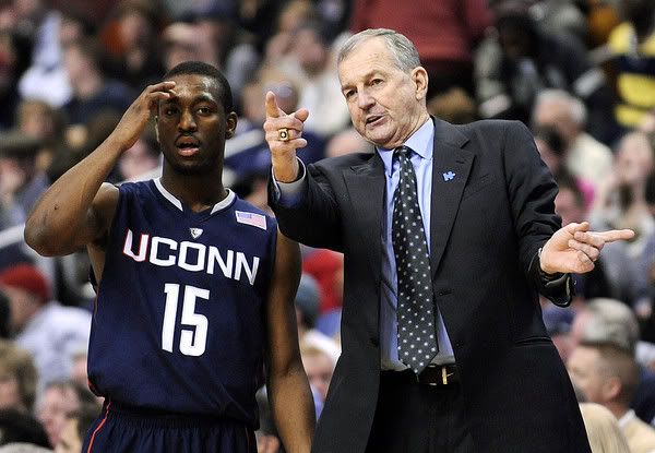 Connecticut coach Jim Calhoun talking to guard Kemba Walker (15) during a break in play in the second half of an NCAA college basketball game against Villanova on in Philadelphia. Connecticut won 84-75 (Michael Perez/AP)
