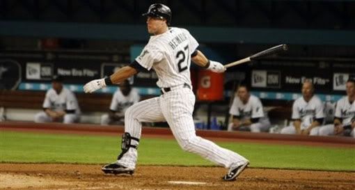 Florida Marlins batter Jeremy Hermida hits the go ahead run of the game during baseball action in the sixth inning of the Monday, June 1, 2009 game in Miami as the Marlins defeated the Milwaukee Brewers 7-4. - AP Photo