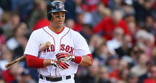 Catcher Victor Martinez #41 of the Boston Red Sox reacts after striking out looking in the seventh inning against the Los Angeles Angels of Anaheim in Game Three of the ALDS during the 2009 MLB Playoffs at Fenway Park on October 11, 2009 in Boston, Massachusetts - Getty Images