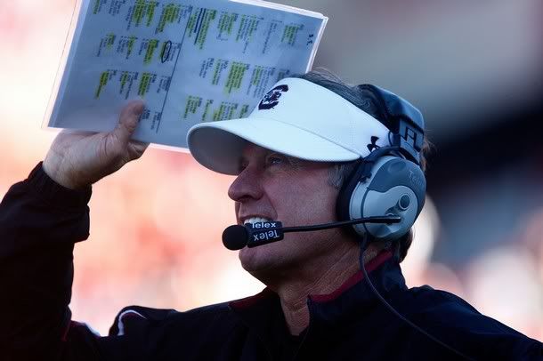 South Carolina Gamecocks Head Coach Steve Spurrier walks the sideline against the Clemson Tigers at Williams-Brice Stadium on November 28, 2009 in Columbia, South Carolina - Getty Images
