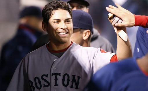 Boston Red Sox Jacoby Ellsbury celebrates after scoring on an RBI single hit by Victor Martinez in the fourth inning of Game 2 of their American League Division Series playoff baseball game in Anaheim, California October 9, 2009.