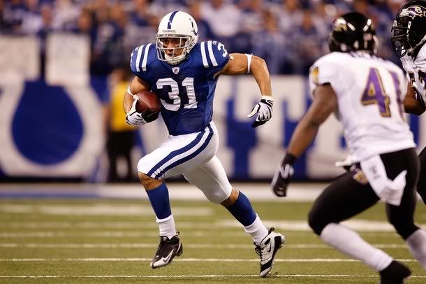 Donald Brown #31 of the Indianapolis Colts runs the ball in the first half against the Baltimore Ravens in the AFC Divisional Playoff Game at Lucas Oli Stadium on January 16, 2010 in Indianapolis, Indiana - Getty Images