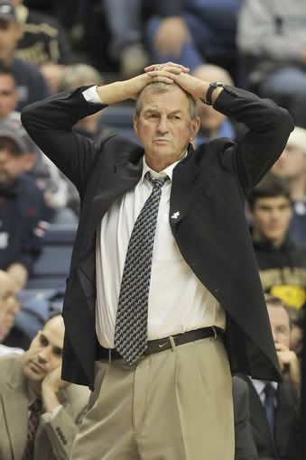 UConn Head Coach Jim Calhoun watches game action during the second hal. The UConn mens basketball team beat Harvard University at Gampel Pavilion on their Storrs campus Sunday afternoon by a score of 79 to 73 - Richard Messina/Hartford Courant