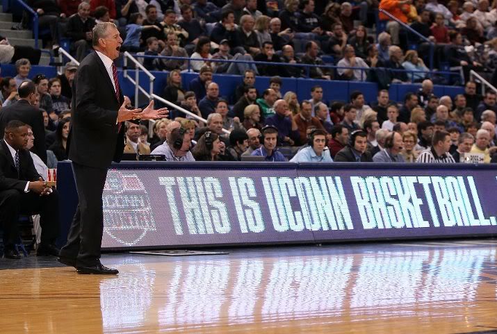 Coach Jim Calhoun of the Connecticut Huskies reacts during a game against the Cincinnati Bearcats at the XL Center on February 13, 2010 in Hartford, Connecticut. (Photo by Jim Rogash/Getty Images)