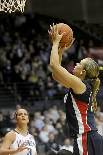 UConn's Meghan Gardler shoots in the second half of the UConn women's basketball game against Villanova at The Pavilion in Villanova, Pa., Saturday Jan. 23, 2010. It was Gardler's first time as a starter, which Auriemma decided to do since she is from the area - Bettina Hansen/Hartford Courant