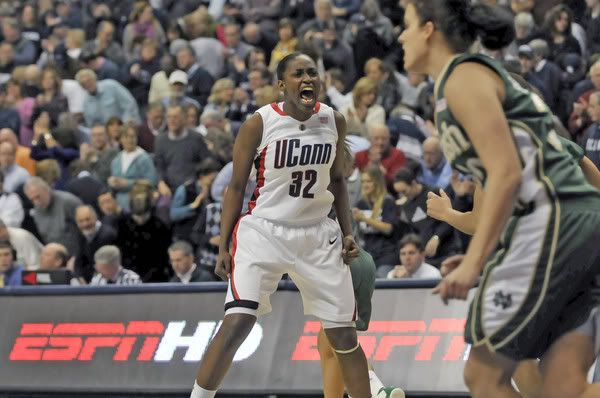 UConn guard Kalana Greene reacts to scoring the game's first points off a layup as the Huskies took on No. 3 Notre Dame at Gampel Pavilion in Storrs on Saturday, Jan. 16, 2010 - Mark Mirko/Hartford Courant