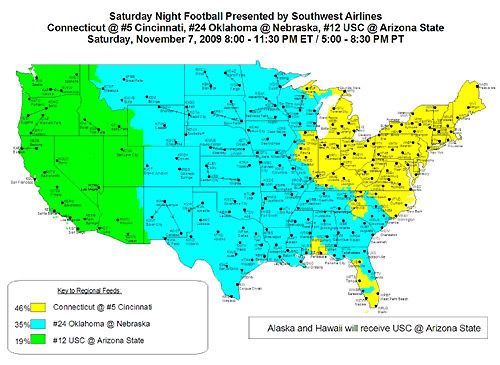 ABC Saturday night football coverage map for 11/7
