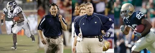 Jordan Todman (L), Randy Edsall (LC), Charlie Weis (RC), Golden Tate (R)