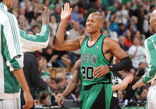  Ray Allen celebrates during a timeout against the Philadelphia 76ers.  NBAE/Getty Photo.