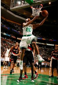 Ray Allen goes to the hoop against Portland - Getty Photo