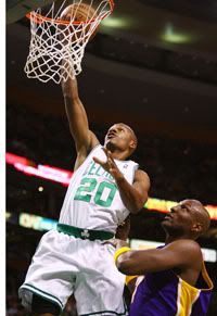 Ray Allen scores a pair over Lamar Odom.  Getty Photo.