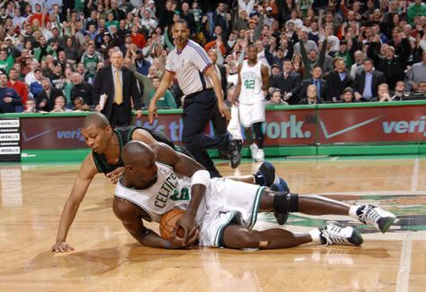 Kevin Garnett steals the ball from Sebastian Telfair to seal the Celtics 1 point win. - Getty Photo