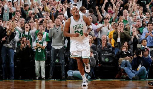 Pierce basks in the adulation of the Garden crowd.  Getty Photo.  