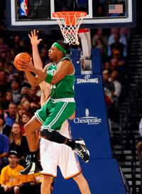 Paul Pierce of the Boston Celtics attempts a reverse layup during a game against the Oklahoma City Thunder.  Getty Photo.   