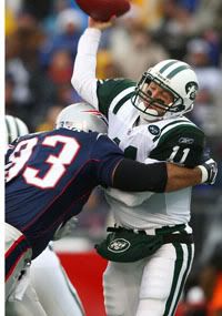 Seymour knocks Clemens out of the game.  The Patriots are 2/2 this season in taking out the Jets QBs.  Getty Photo.