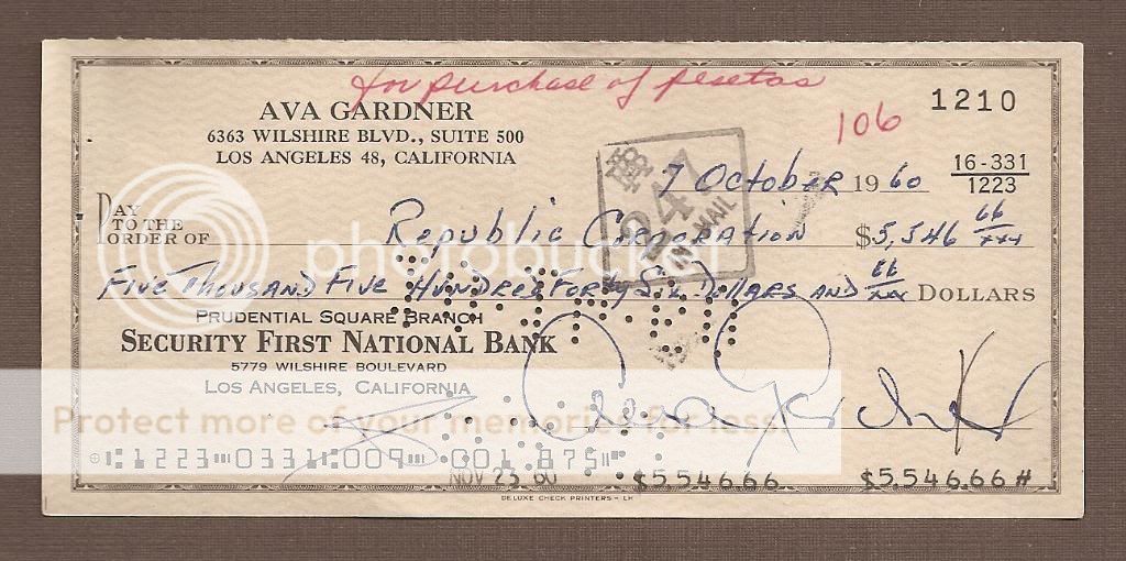 Ava Gardner Signed AUTO AUTOGRAPHED Cancelled Check RARE VINTAGE All 